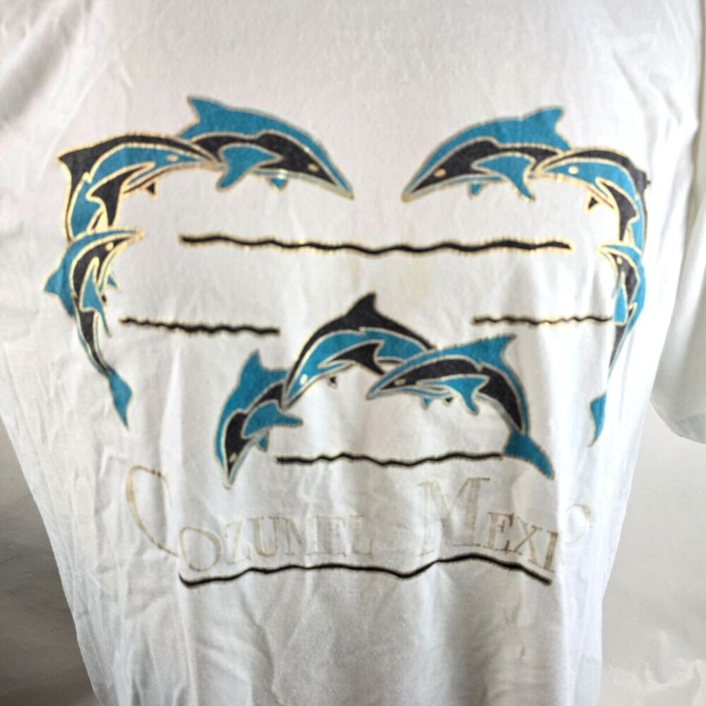 Vintage Tee T Shirt Mens Large White 90s Single Stitch Cozumel Mexico Dolphin